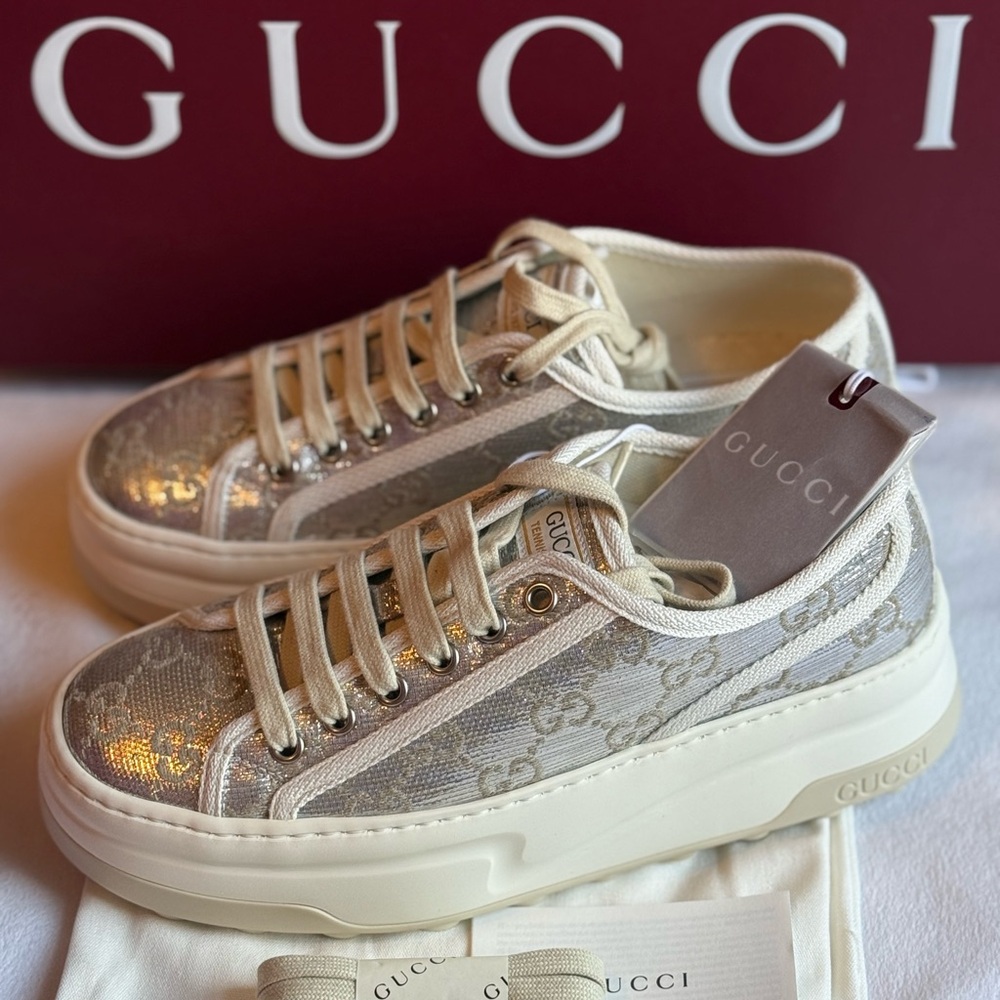 Gucci Tennis Treck GG Metallic Flatform Sneakers Sz 7 BNIB Made in Italy